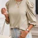 Tankaneo Womens 3/4 Length Sleeve Tops Dressy Casual Blouse Puff Sleeve Cute Trendy T Shirts with Smocked Cuffs (Beige)