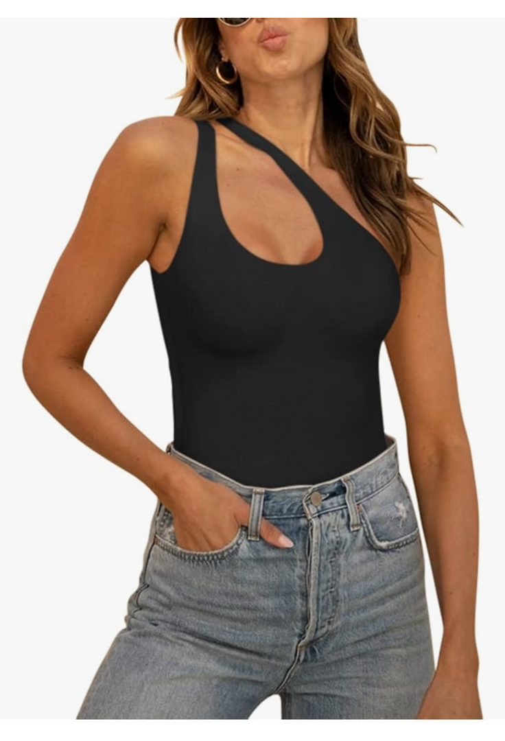 REORIA Butsmooth® Women's Trendy Sexy Plunge One Shoulder Sleeveless V Backless Going Out Tank Bodysuits Tops, Size S
