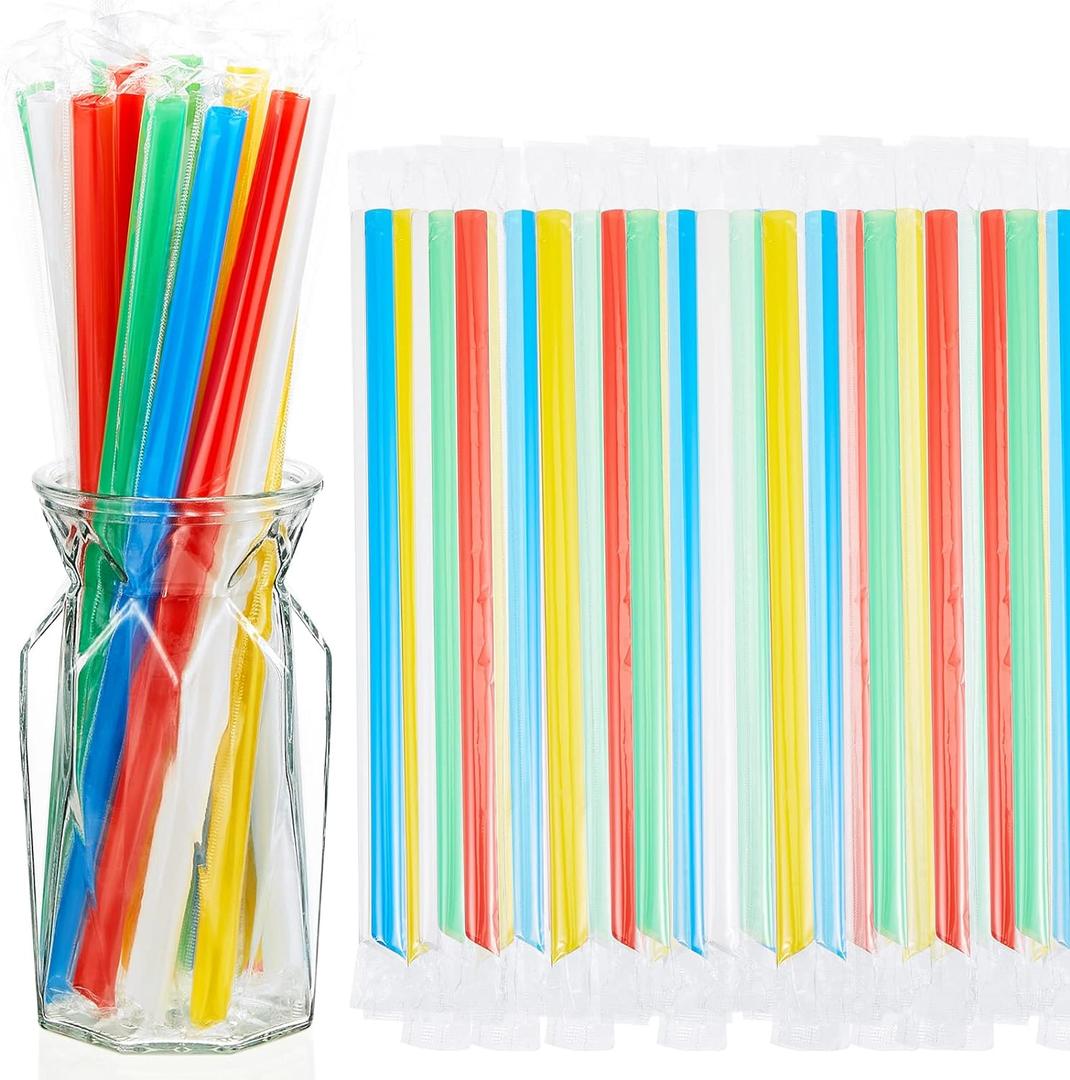 Tessco 600 Pcs 9.84 Inch Smoothie Straws Bulk Disposable Bubble Tea Straws Large Plastic Individually Wrapped for Tall Homemade Milkshakes (Bright Color) (Bright Style)