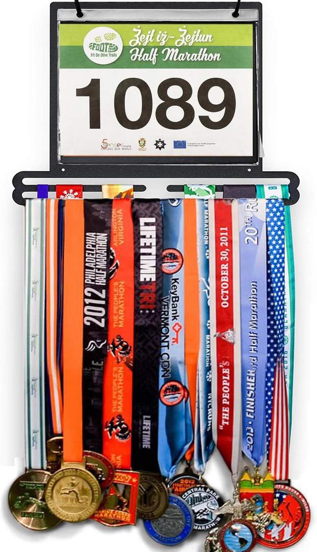 Jolitac Sports Medal Awards Display Rack Wall Mounted Marathon Medals Hanger Holder for 60+ Medals 100 Runner Race Bibs 20 Bibs Flip Vinyl Sleeves