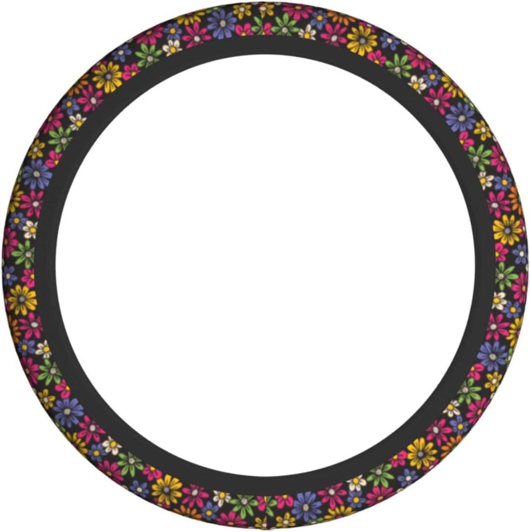 Hippie Flower Steering Wheel Covers Universal Fit 15 Inches Neoprene Anti-Slip Car Wheel Protector for Women Girls