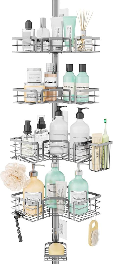 SWTYMIKI Shower Caddy Tension Pole - 4-Tier Corner Shower Organizer Tension Rod with Soap Holder, Toothbrush Holder & 4 Hooks, Adjustable Stainless Steel Bathroom Organizer 27.6 to 108.3 inch, Silver