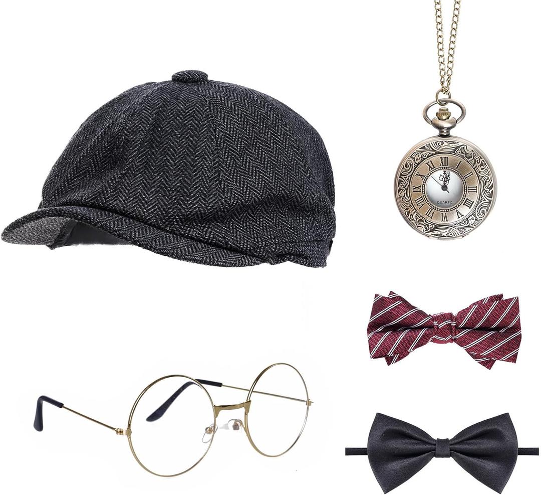 Yookat 1920s Mens Costume Roaring 20s Costumes for Men Hat Bow Tie 1920s Mens Costume Accessories Set for Halloween Without Clock Yookat 1920s Mens Costume Roaring 20s Costumes for Men Hat Bow Tie 1920s Mens Costume Accessories Set for Halloween Without Clock
