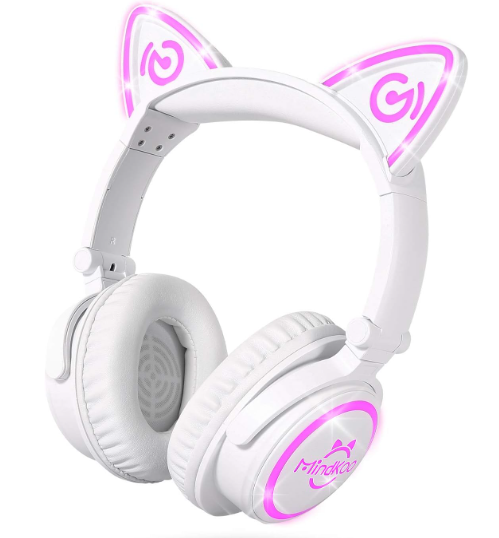 Cat Ear Bluetooth Headphones with Microphone, LED Light Up Over Ear Headphones, Volume Control and Foldable Headset for Tablet/PC/iPad/Cell Phones, Gift for Kids Boys & Girls (Black)