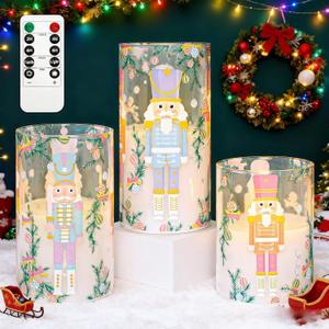 Flameless Candles with Remote, Christmas Nutcracker Candy-Colored Glass LED Pillar Candles, Battery Operated Flickering Flameless Candles for Holiday Decor, Xmas Tree Decorations
