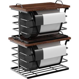 2 Pack Stackable Garbage Bag Holders with Wood Top, Large & Small Garbage Bag Dispenser for Kitchen, Pantry, Laundry Room Organization, Wall Mount or Countertop Use, Black