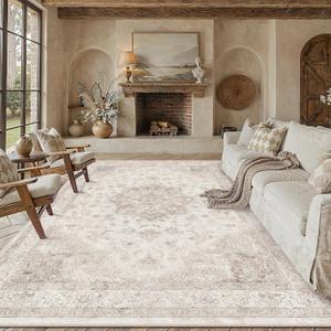 Beige Area Rug 8x10 Washable Vintage Carpet for Living Room Bedroom Large Soft Retro Low Pile Thin Indoor Rug Non Slip Oriental Medallion Floor Cover for Dining Room Office