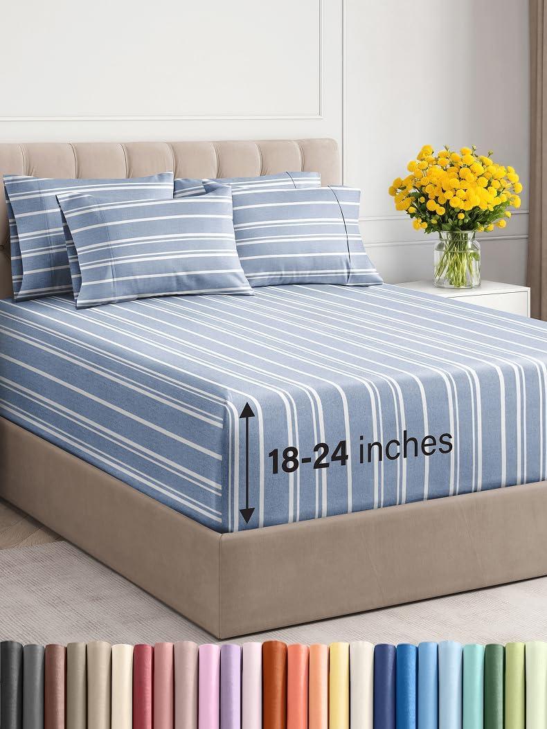Extra Deep King Sheet Set - 6 Piece Breathable & Cooling Sheets - Hotel Luxury Bedding Set w/18-24 Inch Extra Deep Pockets - Easy & Secure Fit - Soft, Wrinkle Free and Comfy - Blue Stripes, King Size