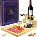 RoyalHouse Bamboo Cheese Board and Knife Set with Magnetic Holder - Serving Tray for Crackers, Meat, and Liquor - Anniversary and Wedding Gift