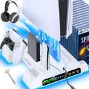 PS5/Slim/Pro Stand and Cooling Station with LED Controller Charging Station for PlayStation 5 Console, Controller Charger, Cooling Stand, PS5/Slim/Pro Accessories Kit with 3 Level Cooler Fan (All White)