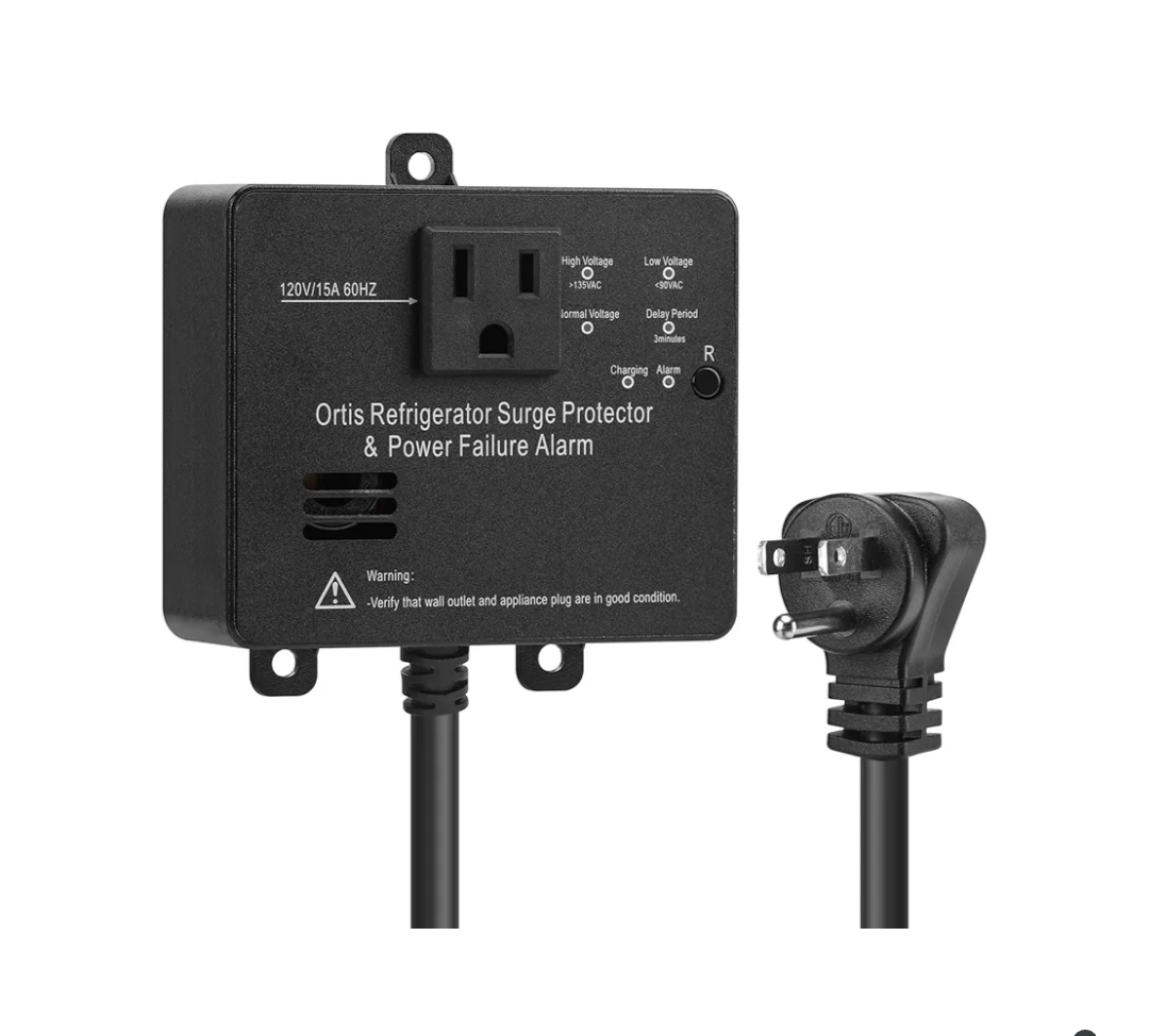 Ortis Refrigerator Surge Protector & Power Failure Alarm, Protects Against Voltage Abnormalities, with LED Indicator Light & 110dB Alarm, Ideal for Refrigerators, Freezers, and Sewage, Black