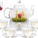 Glass Teapot Set, 40OZ/1200ml Stovetop Safe Glass Tea Kettle with Removable Infuser & Tea Warmer, Tea Cups and Saucers Set of 4, Blooming Tea & Loose Leaf Tea Maker Set for Women (40OZ & 4 * 7OZ Cups & Saucers)