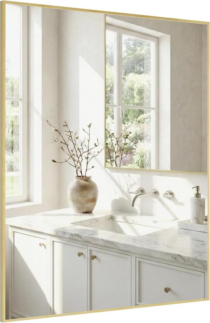 30"x36" Gold Bathroom Mirror for Wall, Metal Framed Vanity Mirror, Large Rectangular Mirror Over Sink, Mid-Century Modern Decor, Flush Mount