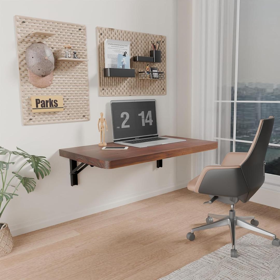 IAE Wall Mounted Folding Table with Pine Wood,24" x 14" Floating Wall Desk,Laundry Folding Table with Shelf Brackets,Fold Down Desk Shelf,Folding Workbench for Home,Dining,Laundry Room,Kitchen,Brown (24*13.7*6.3 Inch)