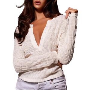 GORGLITTER Women's Button Up V Neck Knit Blouse Shirts Textured Long Sleeve Casual Tops White Large