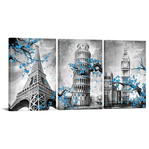 DuoBaorom 3 Pieces Famous Modern Building Wall Art Eiffel Tower Leaning Tower of Pisa Big Ben Blue Plum Blossom Picture Painting on Canvas for Bedroom Living Room Decor 16x24inchx3pcs