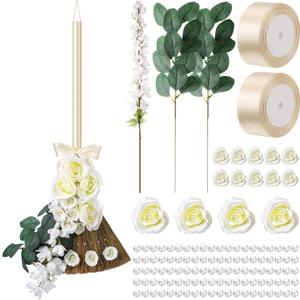 Yungyan Wedding Brooms for Jumping Ceremony Bride Bridegroom DIY Whisk Brooms 11.81 x 25.2 in with Ribbons Artificial Pearl Eucalyptus Leaves Roses Delphinium for Wedding Ceremony Craft
