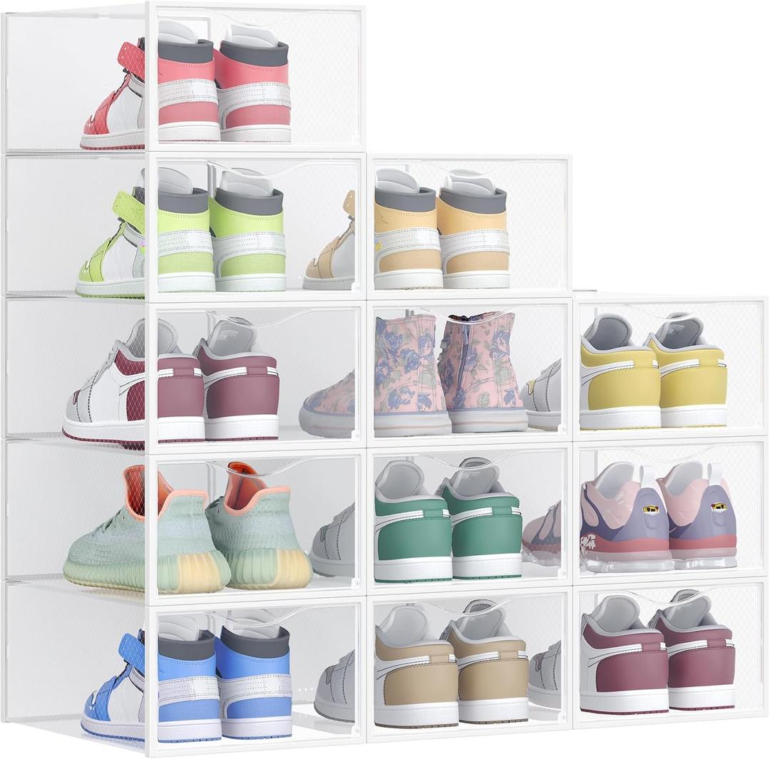 SONGMICS Stackable Shoe Boxes, Set of 12 Plastic Shoe Organizers with Door, Transparent, Easy Assembly, 9.1 x 13.1 x 5.6 Inches, for Shoes up to US Size 9, Transparent and Cloud White ULSP312W01