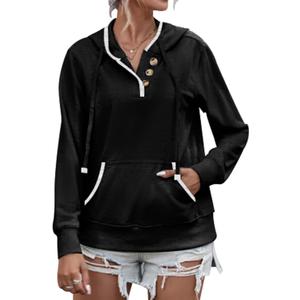 Women's Hoodies Casual Long Sleeve Hooded Sweatshirt Button Collar Drawstring Sweatshirt Pullover (Black, XL)