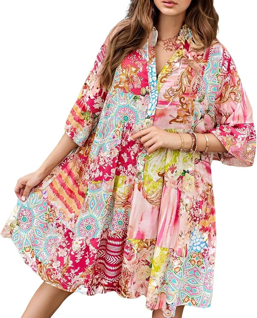 Women's Babydoll Mini Dress Boho Floral 3/4 Bell Sleeve Loose Short Shirt Sundresses Loose Fit Flowy Cover Up (S)