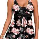 Aleumdr Women's Two Piece Tankini Set Printed Tummy Control Swim Dress (Black, L)