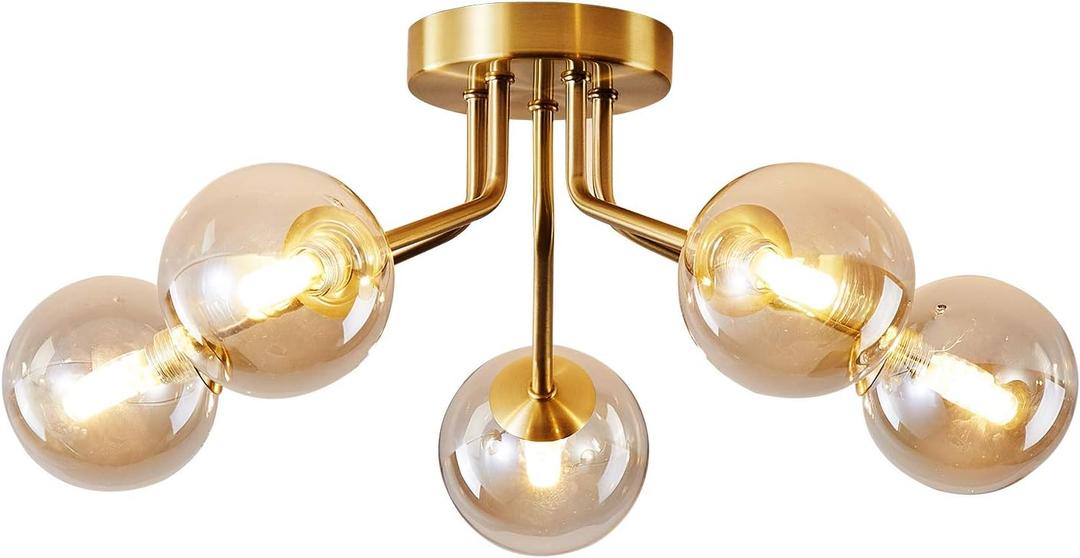 Modern Sputnik Chandeliers 5 Light Gold Semi Flush Mount Ceiling Light Fixture Pendant Lamps Bulb with Glass Globe Lighting for Bedroom Kitchen Living Dining Room Office (Gold-5 lights)