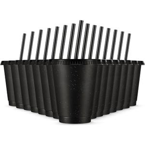 Rtteri 15 Pcs Reusable Cups with Straws and Lids 16 oz Glitter Tumblers Plastic Party Favor Cups with Lids Travel Mug Tumbler for Easter Graduation Party Iced Beverage Water(Black)