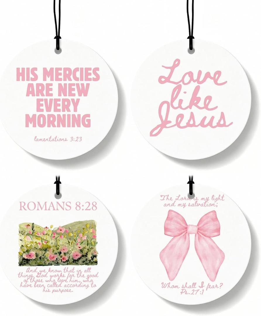 Pink Christian Car Air Freshener 4 Pcs, Coquette Pink Bow Bible Verse Religious Hanging Air Freshener for Cars Closet Drawer Books, Cute Christian Car Accessories Mirror Decor for Women
