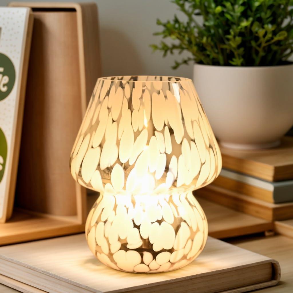 Glass Mushroom Lamp, Small Mushroom Desk Lamps with LED Bulb for Kitchen Counter, Cozy Lamp for Bedroom Nightstand, Battery Operated Cordless Lamps for Living Room, Gift for Mom (7.8H, White)