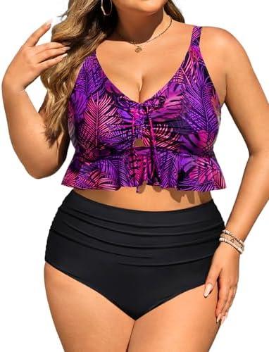Daci Women Plus Size Two Piece Swimsuits - High Waisted Bikini Set Ruffle Tummy Control Bathing Suits with Bottom.16