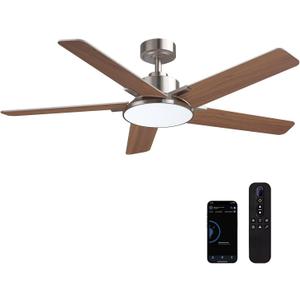 52 Inch Ceiling Fans with Lights and Remote, Modern Ceiling Fan with Dimmable LED, 6 Speeds, Timer, Quiet Reversible DC Motor, Nickel Ceiling Fan for Bedroom, Living Room and Kitchen