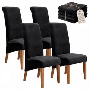 Deisy Dee Stretch XL/ Oversized Extra Large Velvet Dining Room Chair Covers for Kitchen Dining，Removable Washable Chair Protectors Slipcovers (Black, 4)