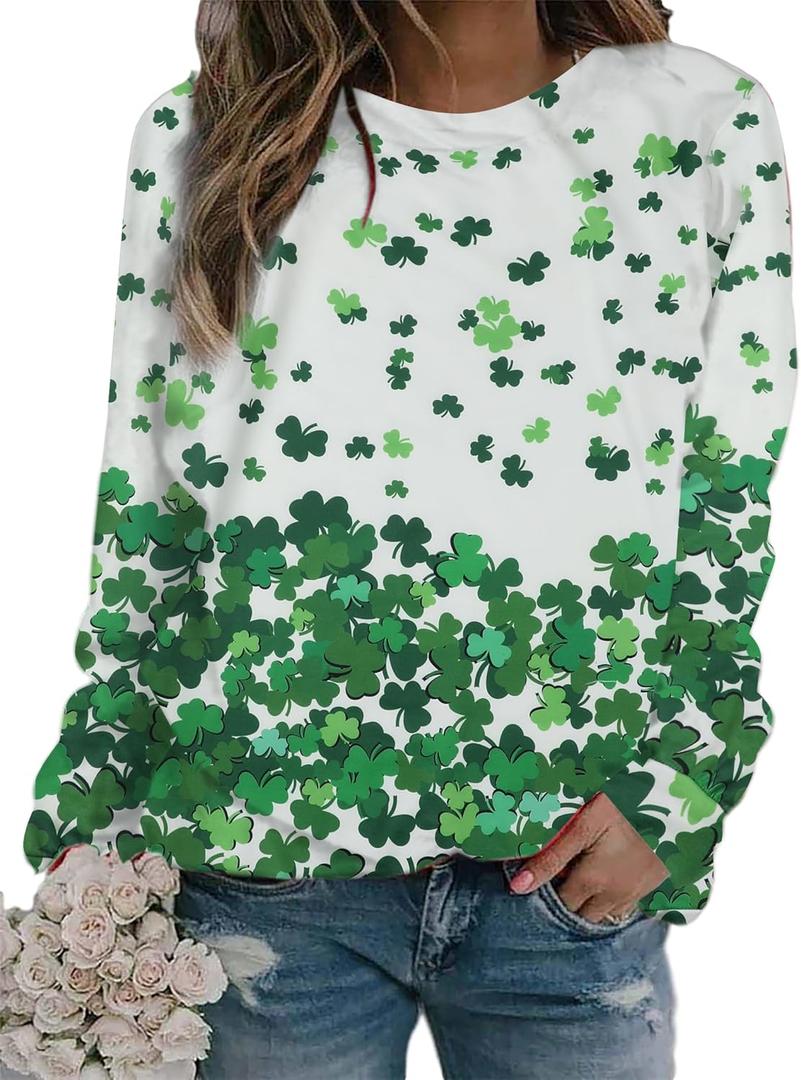 MYHALF St Patricks Day Sweatshirt Women Shamrock Long Sleeve Irish Festival Holiday Tee Short Sleeve Causal Top (White, L)