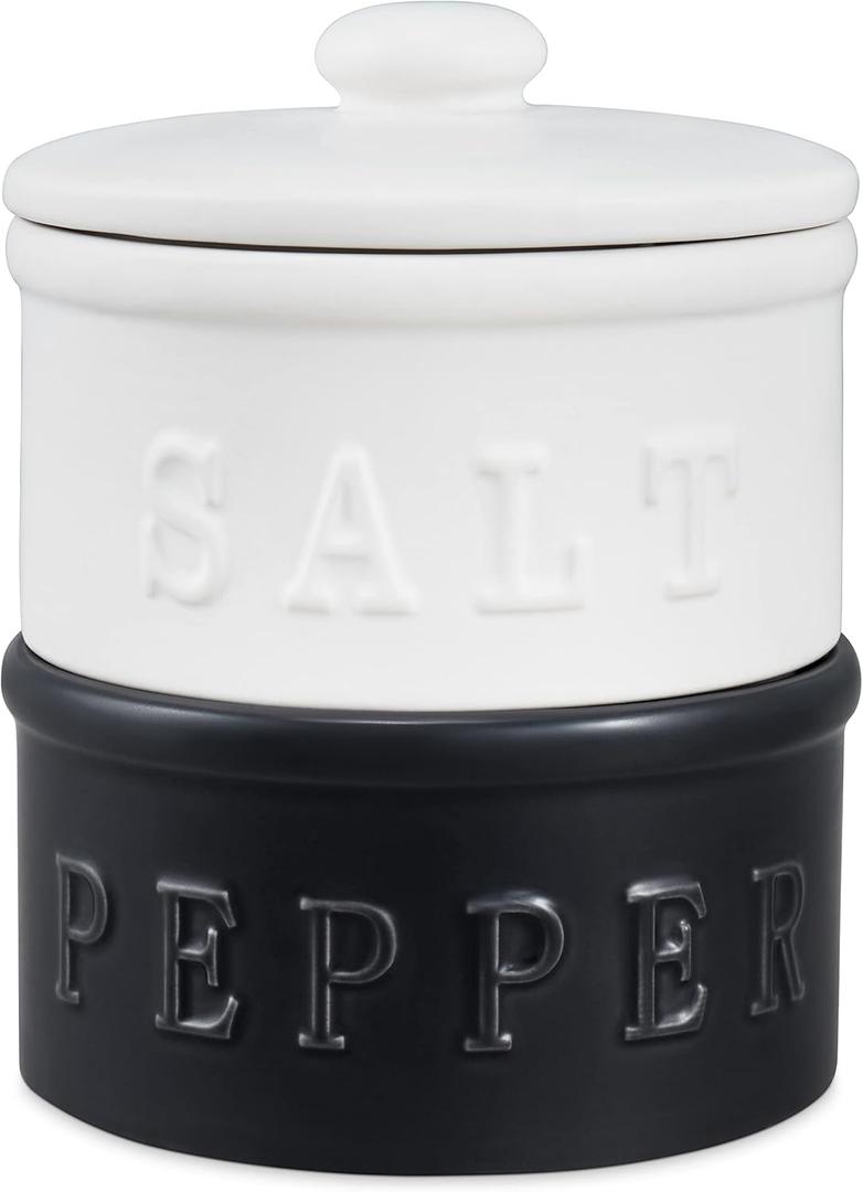 Salt and Pepper Bowls with Lid, Set of 2 - Stackable Rustic Farmhouse Decor for Your Kitchen - Containers and Boho Tabletop Accessories for Home - Ceramic Seasoning Holder for the Counter
