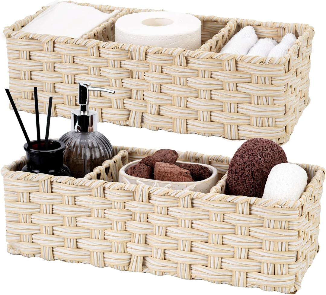 GRANNY SAYS Bathroom Baskets for Organizing, Wicker Basket for Storage, Wicker Baskets for Shelves, Waterproof Back of Toilet Storage Basket, 3 Section Bathroom Organizer Basket, 2-Pack (Butter Milk)