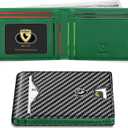 GSOIAX Mens Slim Wallet for Men Minimalist Genuine Leather Carbon Fiber Rfid Blocking Bifold Credit Card Holder With Gift Box (Green and Carbon Black)