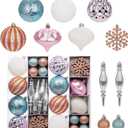 Hollyone Christmas Balls Ornaments Set, 50pcs Glitter Pink Blue and White Shatterproof Christmas Ball Snowflakes Tree Ornaments Hanging Ball Decoration for Xmas Tree Wreath Garland Wedding Home Decor