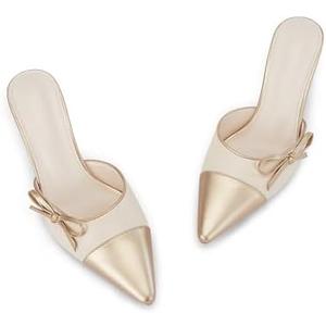 Coutgo Womens Bow Tie Mules Heels Two Tone Closed Pointed Toe Slip On Backless Wedding Dress Shoes Pumps Size 8.5
