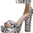 IDIFU IN5 Sabrina Platform Block Chunky High Heels Ankle Strap Heeled Sandals Sexy Wedding Party Dress Shoes for Women Open Toe Heels (9, Snake White)