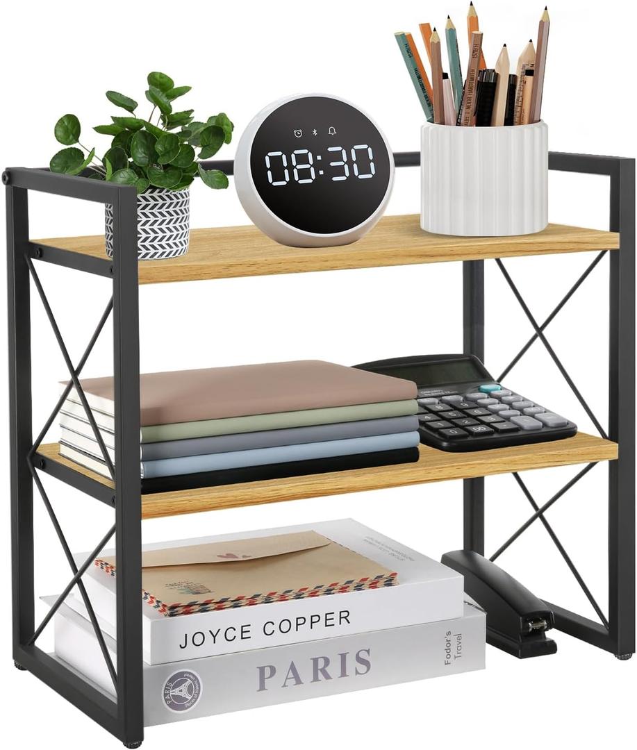 YINMIT Desktop Shelf Organizer, 2 Tier Office Shelves, Wood Desk Organizer Storage Rack and Freestanding Display Shelf for Office, Dormitory, Home (Black Wood)