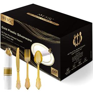 Gold Plastic Silverware Set - 60 Pre rolled Napkin and Cutlery Set, Wrapped Silverware Set, Gold Rolled Plastic Utensils with 60 Forks, 60 Knives, 60 Spoons and 60 Napkins for Party, Wedding