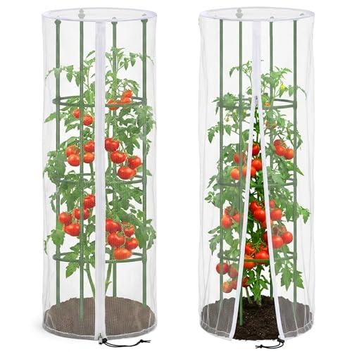 2 Pcs Garden Bird Netting Cover for Round Tomato Cage, 59" x 18" Tomato Trellis Insect Barrier Protection Mesh, Plant Cage Garden Net Cover with Zipper for Vertical Climbing Plants Vegetables Fruits