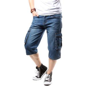 Idopy Men`s Motorcycle Loose Fit Cropped Work Jeans Denim Cargo Shorts (34, Blue)