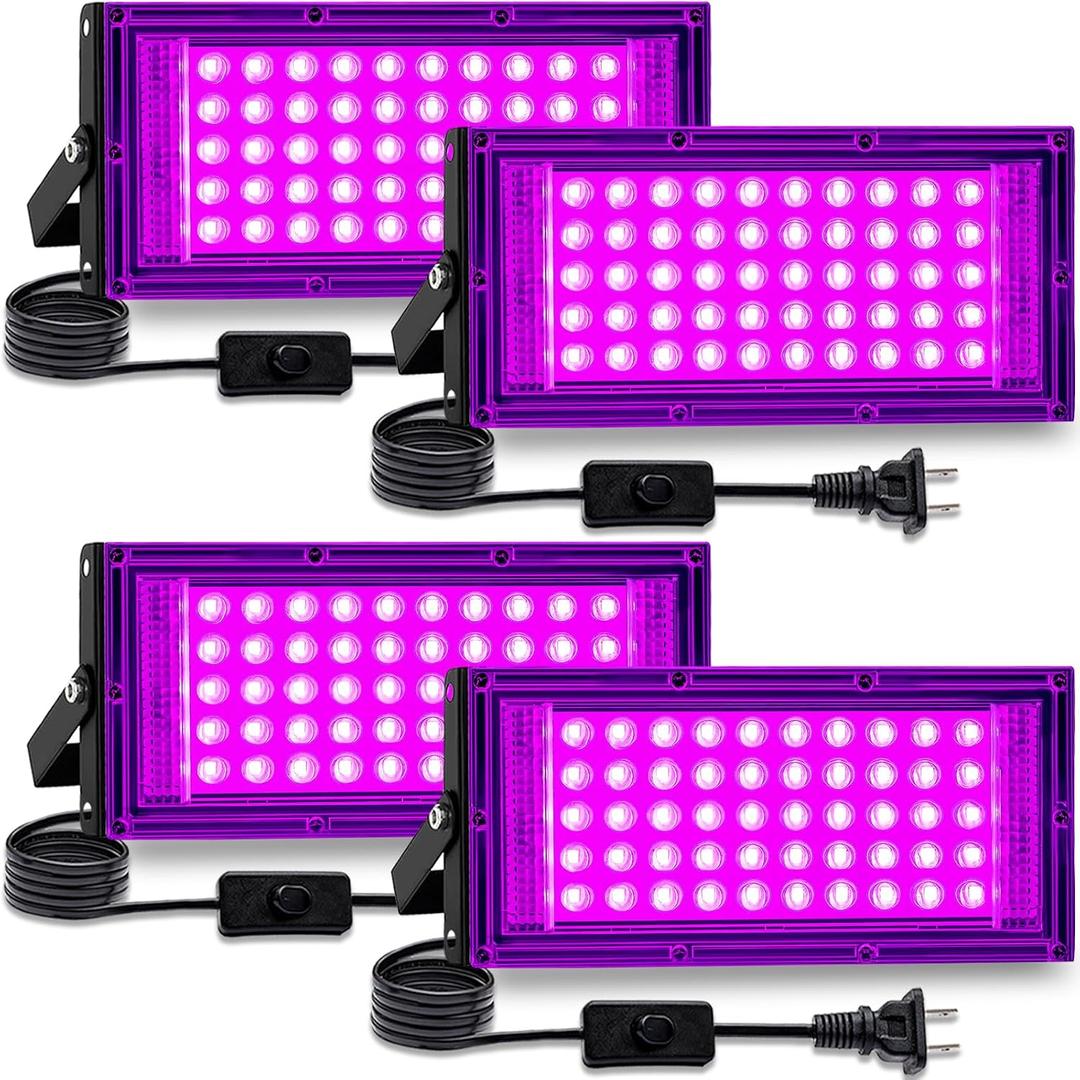 50W 4Pack Black Light for Glow Party, IP65 Waterproof,385-400nm Wavelength,with Plug and Switch,for Halloween Decorations,Body Painting,Birthday Party,Classroom,Stage Lighting