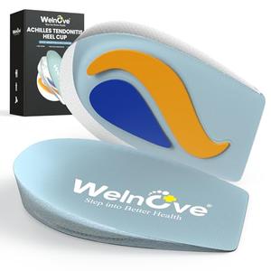 Welnove Heel Cups for Plantar Fasciitis - TPE Shock Absorption Heel Pads for Achilles Tendonitis, Washable Heel Cushion Inserts for Heel Spur Pain Relief, Shoe Lift Support for Men Women Blue,S