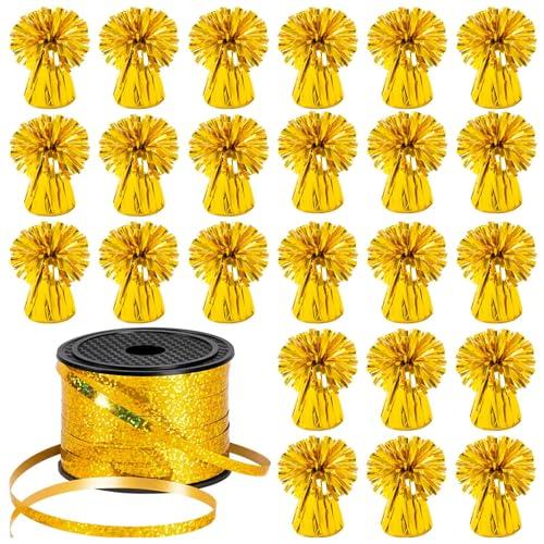 24 PCS Balloon Weights Metallic Anchor, Balloon Holder Heavy Weights with and 1 Roll Iridescent Crimped Ribbon for Balloons Table Party Favor Birthday Decor(Gold)