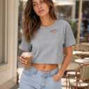 JDEEO Women Vintage Washed Distressed Cut Out Crop Short Sleeve T-Shirt (Gray, M)