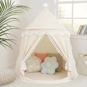 Playhouse Tent for Kid, Breathable Cotton & Hemp Princess Lock with Fiberglass rods and Carrying Bag Gift for Children (Light Biege Tent)