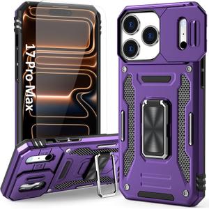 Case Compatible with 17 Pro Max Case with Kickstand Ring & HD Screen Protector, with Camera Cover, fit Magnet Car Mount, for iPhone 17 Pro Max (Purple)