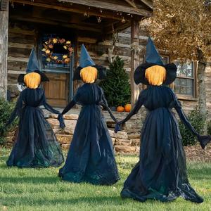 TW SHINE Halloween Witch Decorations Outdoor, 5 FT Set of 3 Holding Hands Witches Stakes with Glowing Face, Lighted Halloween Decor for Party Yard Lawn Porch Garden Haunted House Props (Black)